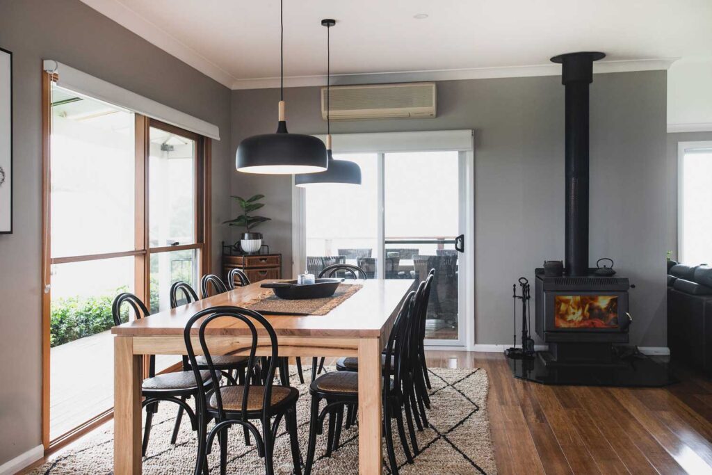 Dining Area with Woodfire Heater | Woodstock Homestead | South Coast Accommodation | Family Holidays